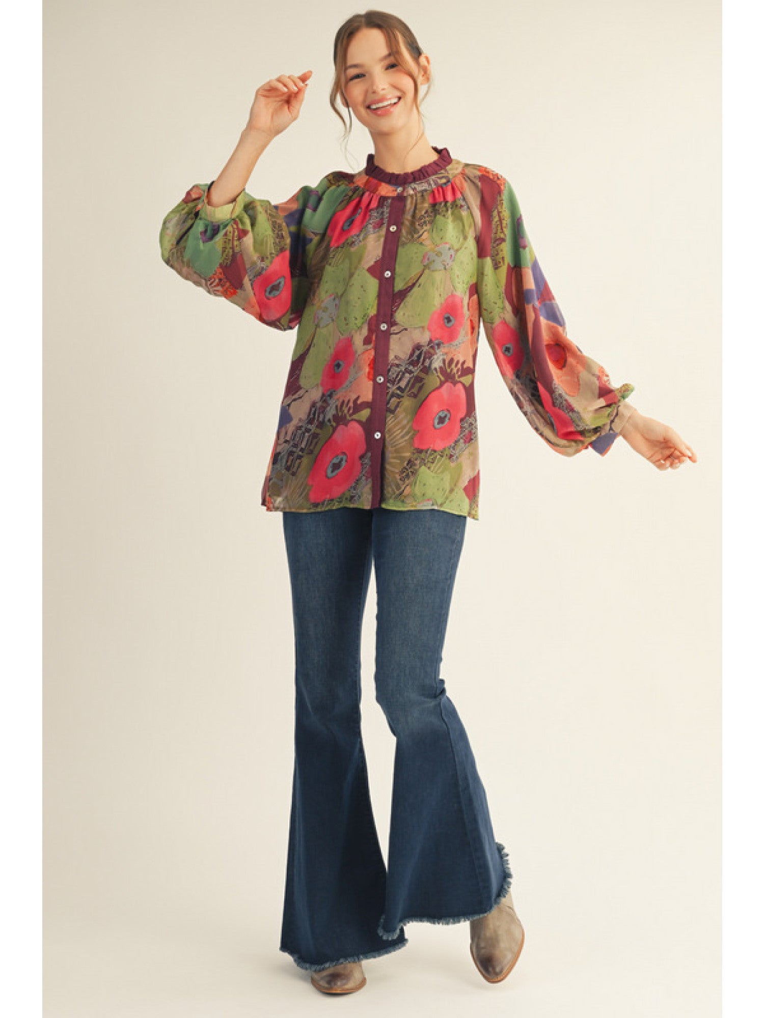 Long Balloon Sleeve Floral Chiffon Top – Burgundy Mix - Juli's Wearable Art