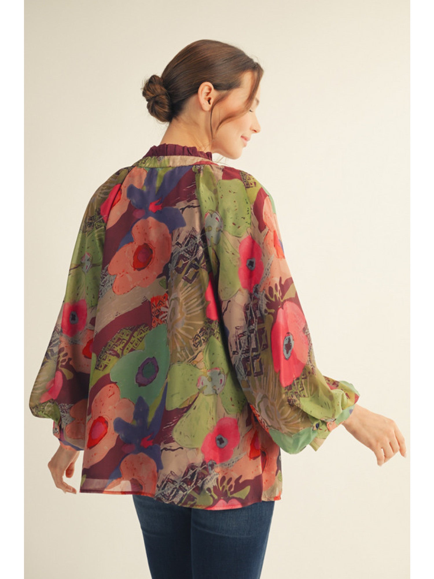 Long Balloon Sleeve Floral Chiffon Top – Burgundy Mix - Juli's Wearable Art