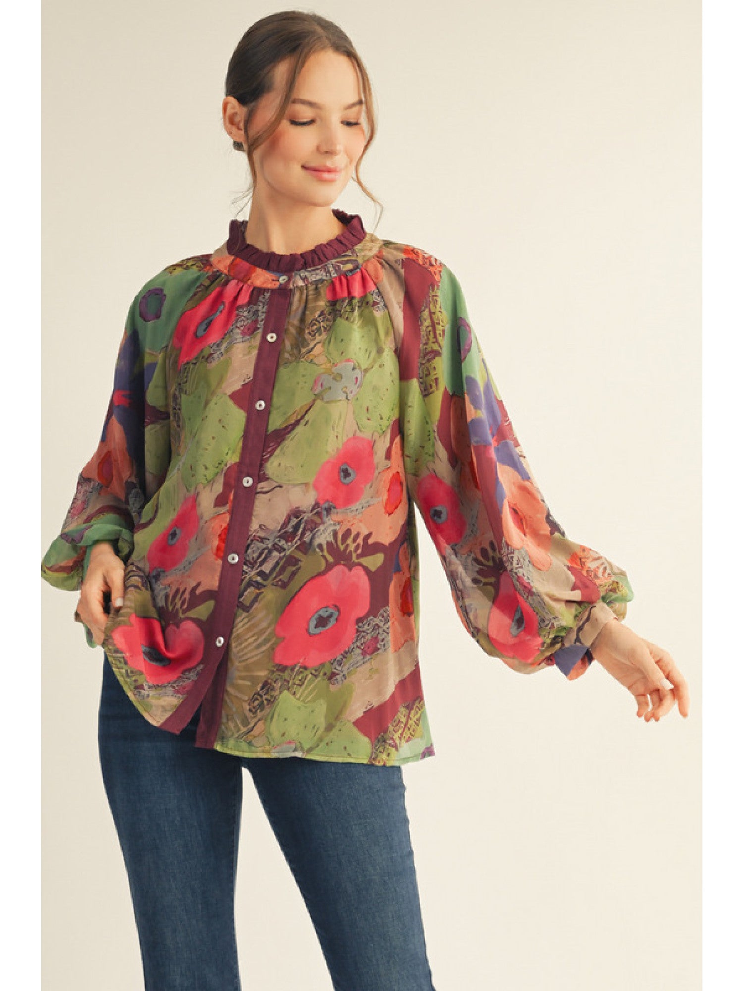 Long Balloon Sleeve Floral Chiffon Top – Burgundy Mix - Juli's Wearable Art