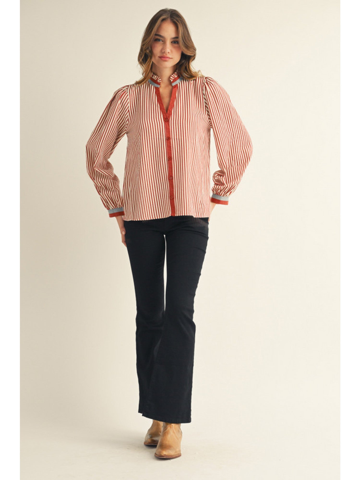 Long Sleeve Button Down Stripe Top – Brick - Juli's Wearable Art