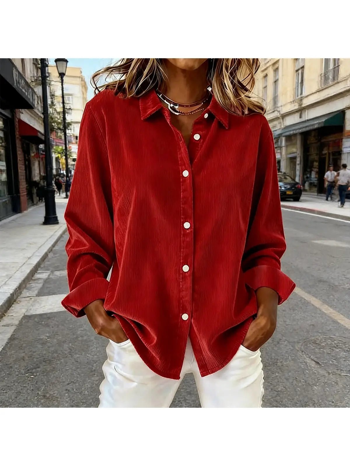 Loose Solid Color Corduroy Button Shirt – Red - Juli's Wearable Art