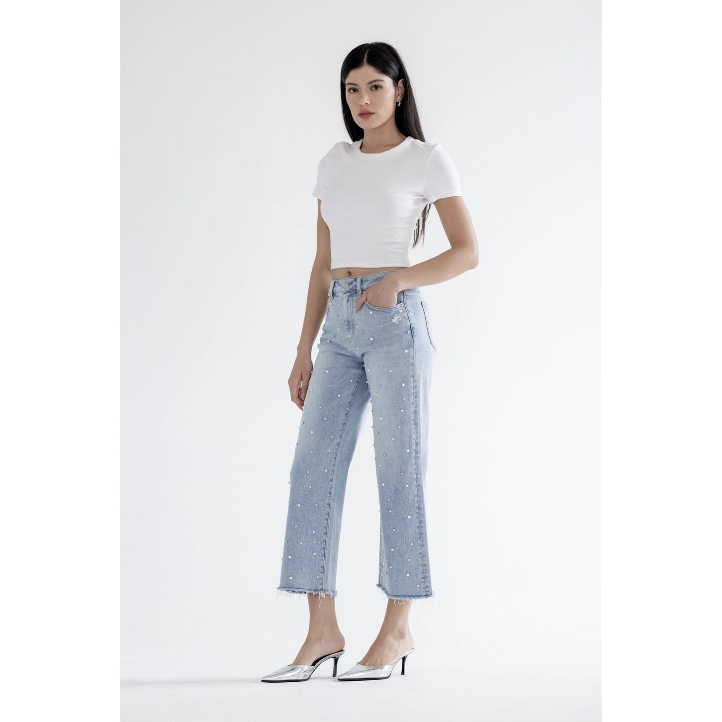 MICA High Rise Wide Leg Jeans with Pearl & Crystal Embellishments | Grizzlies Blue - Juli's Wearable Art