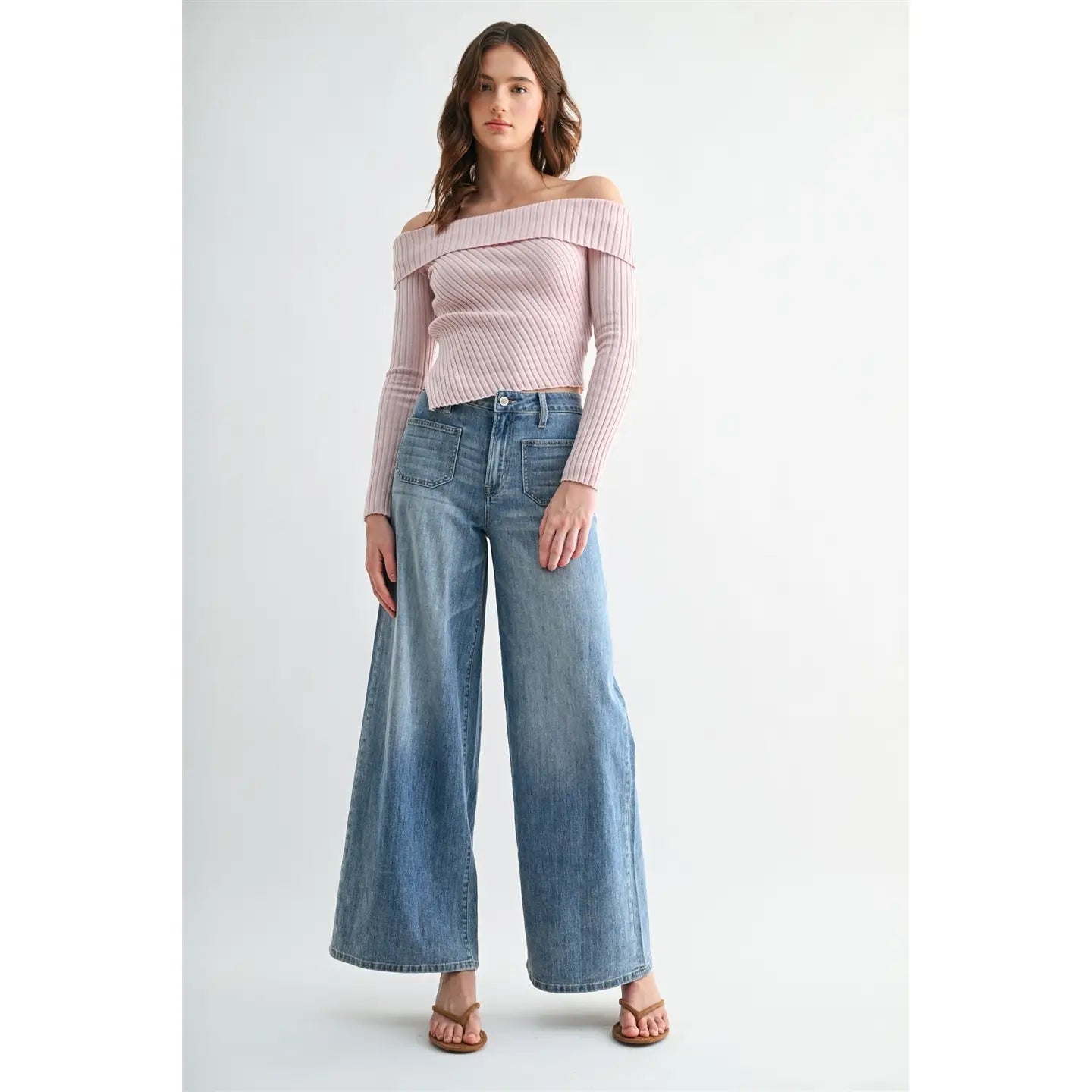 MICA High Rise Wide Leg Patch Pockets Jeans | Link Blue - Juli's Wearable Art