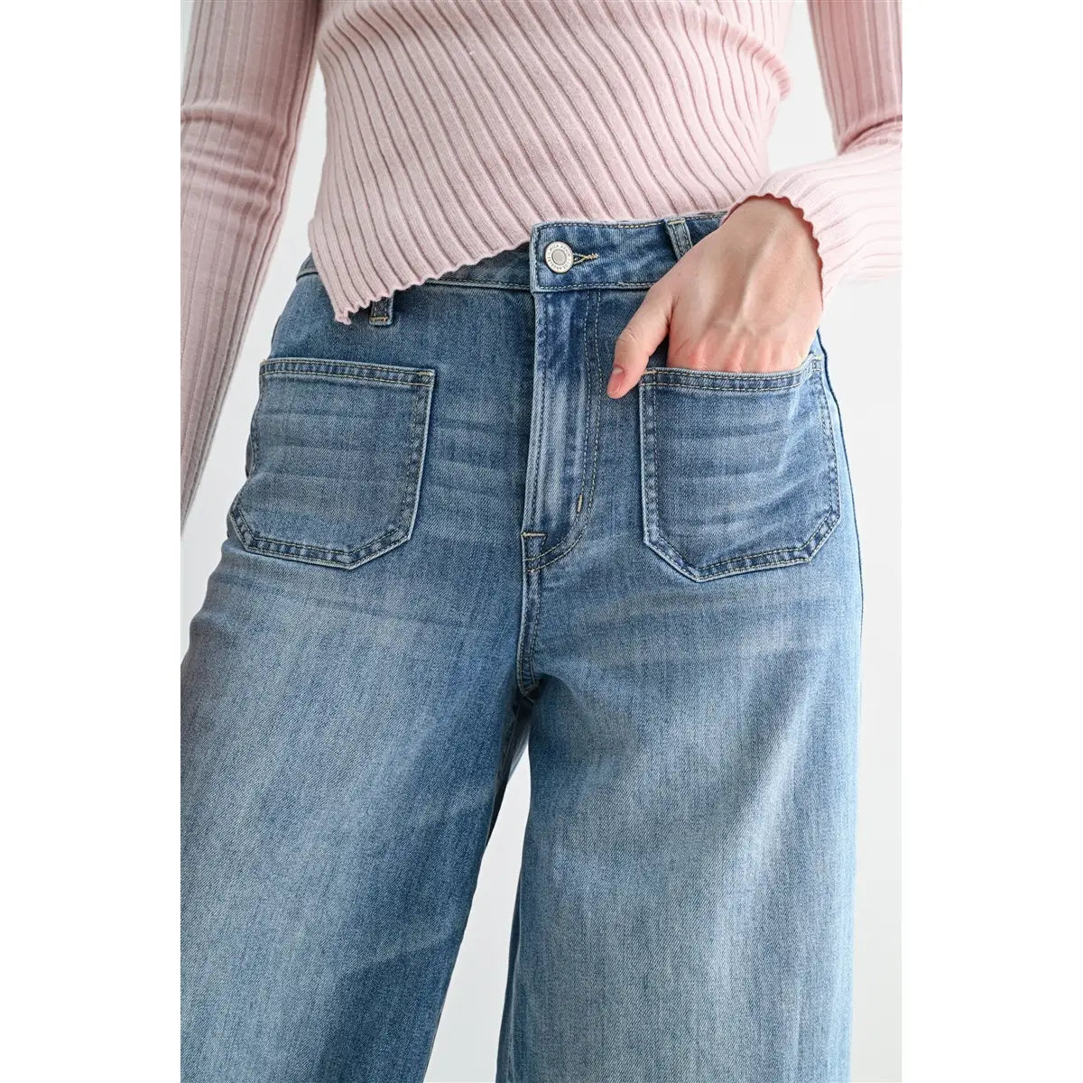 MICA High Rise Wide Leg Patch Pockets Jeans | Link Blue - Juli's Wearable Art