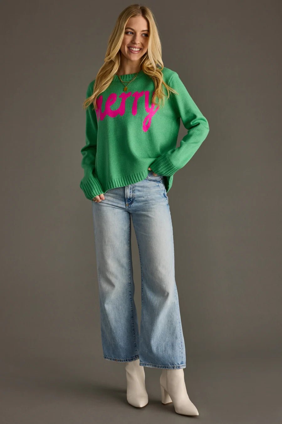 Mint Green “Merry” Knit Holiday Sweater - Juli's Wearable Art