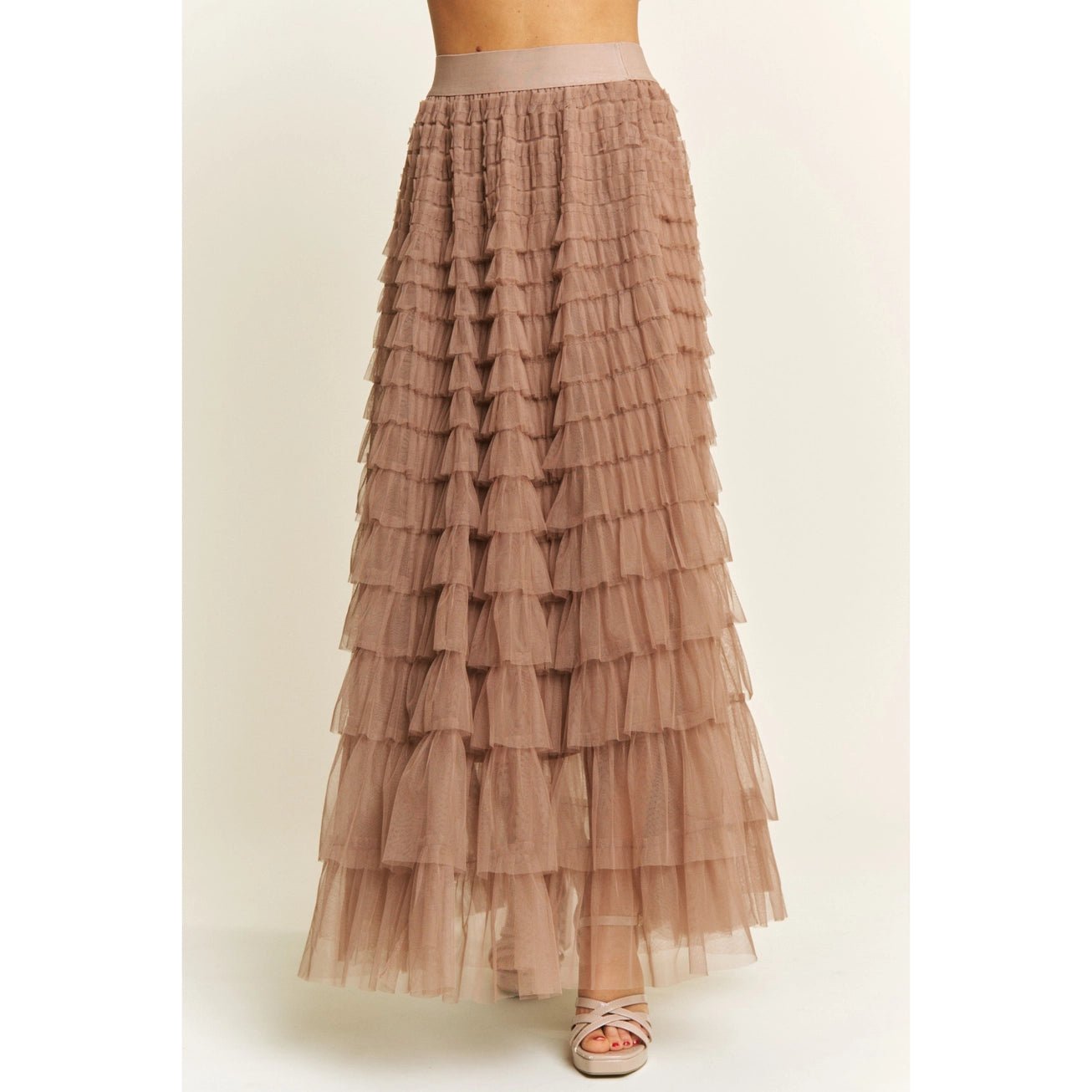 Mocha Cascading Tulle Mesh Tiered Maxi Skirt - Juli's Wearable Art
