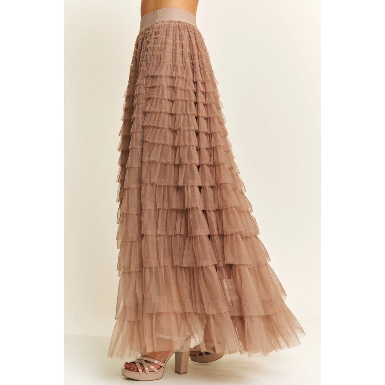 Mocha Cascading Tulle Mesh Tiered Maxi Skirt - Juli's Wearable Art