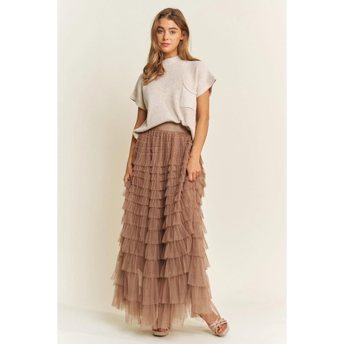 Mocha Cascading Tulle Mesh Tiered Maxi Skirt - Juli's Wearable Art