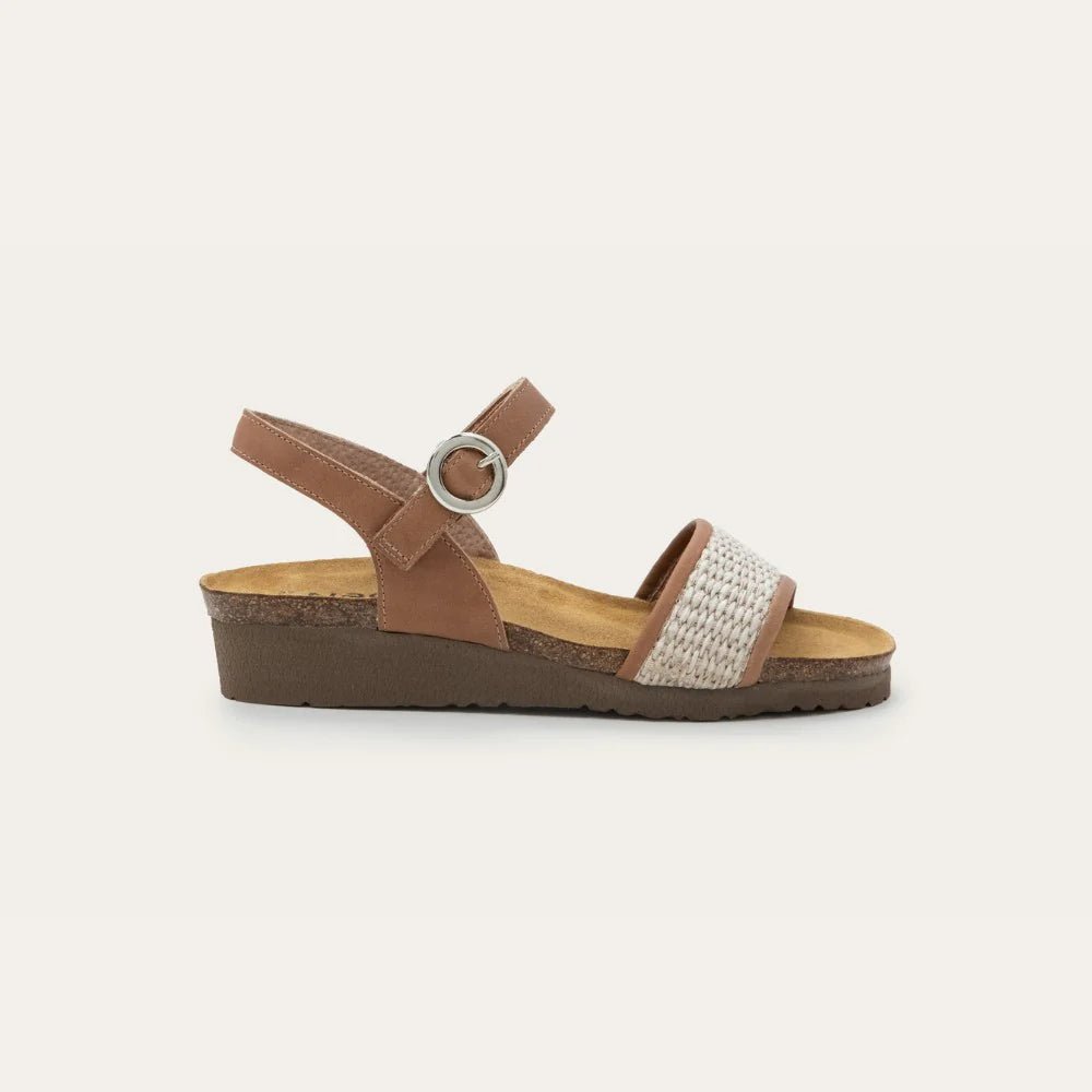 NAOT Cecile Sandal - Latte Brown Leather/Sand Raffia - Juli's Wearable Art