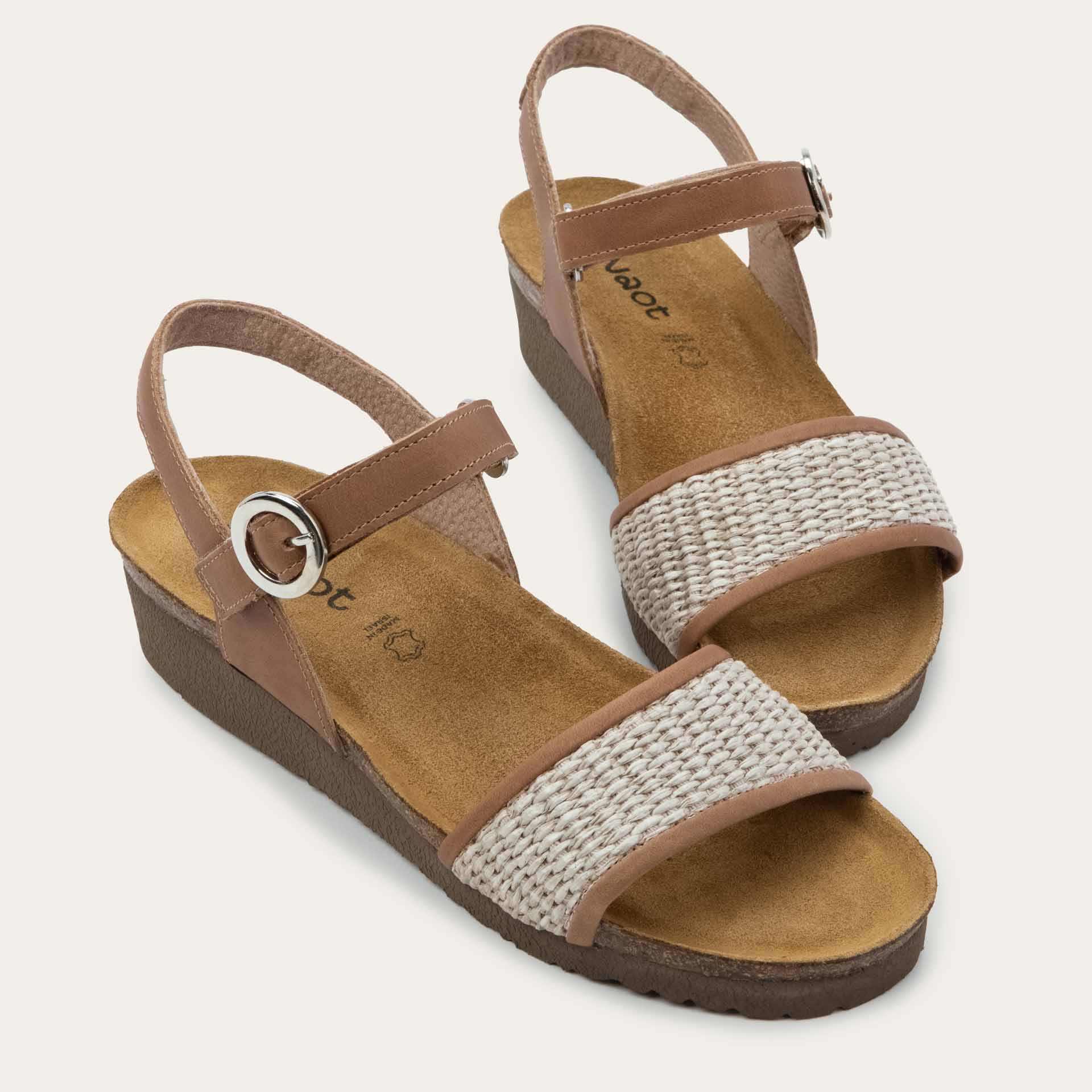 NAOT Cecile Sandal - Latte Brown Leather/Sand Raffia - Juli's Wearable Art