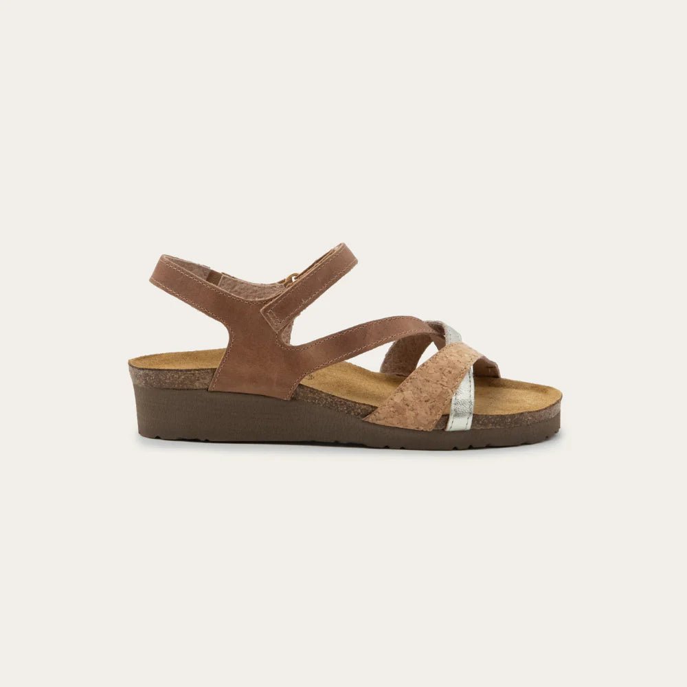 NAOT Sophia Sandal - Latte Brown Leather / Cork Leather / Radiant Gold Leather - Juli's Wearable Art