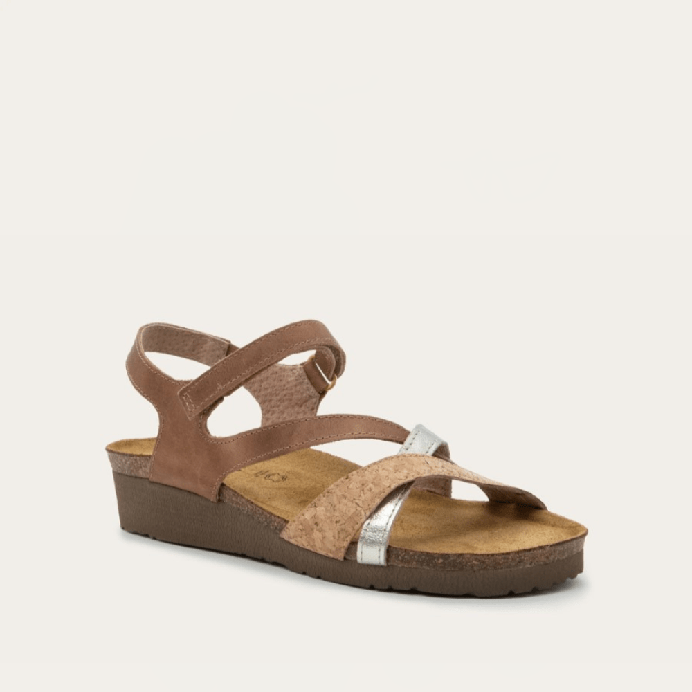 NAOT Sophia Sandal - Latte Brown Leather / Cork Leather / Radiant Gold Leather - Juli's Wearable Art