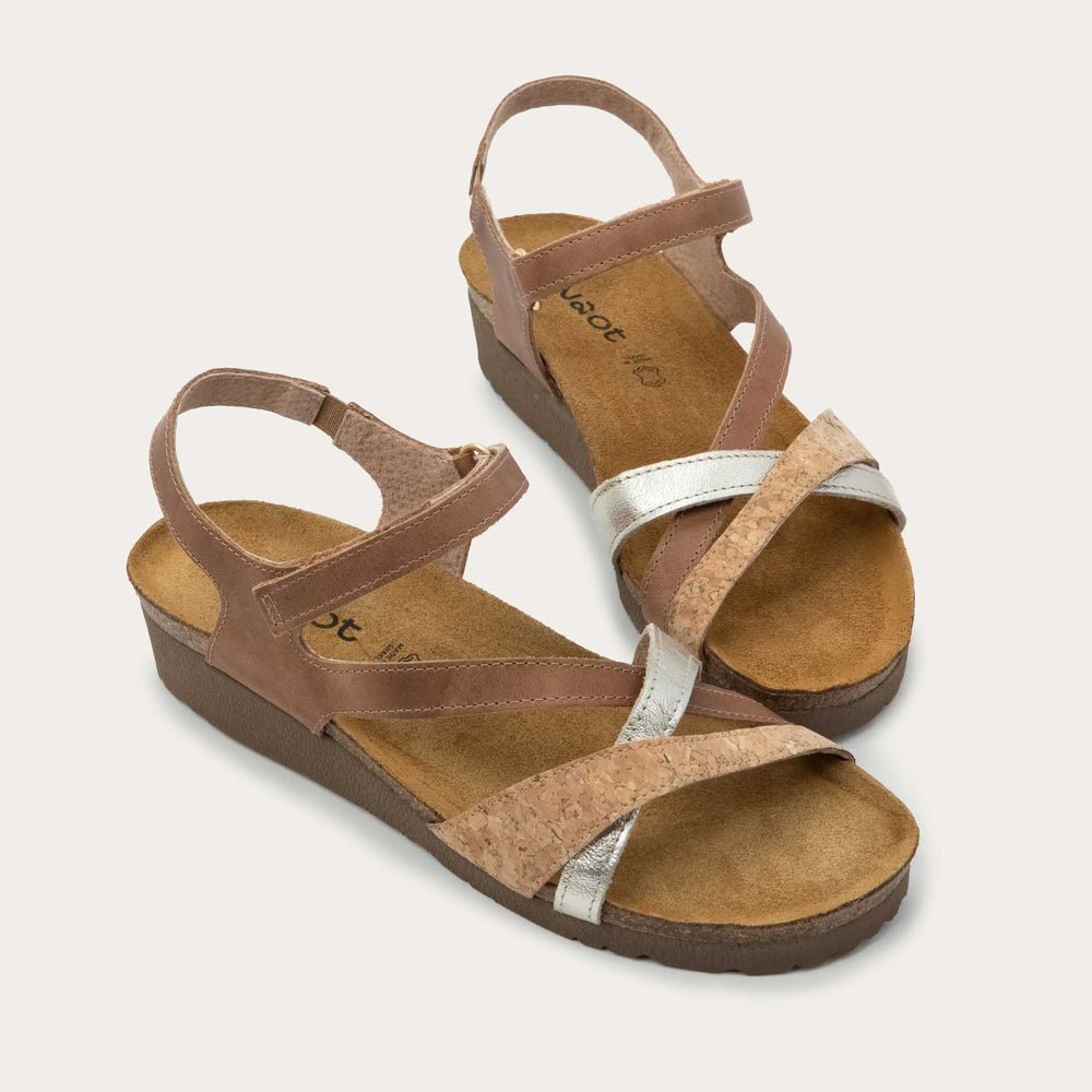 NAOT Sophia Sandal - Latte Brown Leather / Cork Leather / Radiant Gold Leather - Juli's Wearable Art