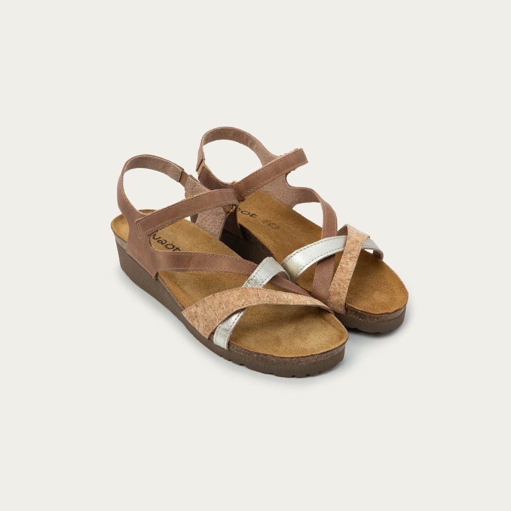 NAOT Sophia Sandal - Latte Brown Leather / Cork Leather / Radiant Gold Leather - Juli's Wearable Art