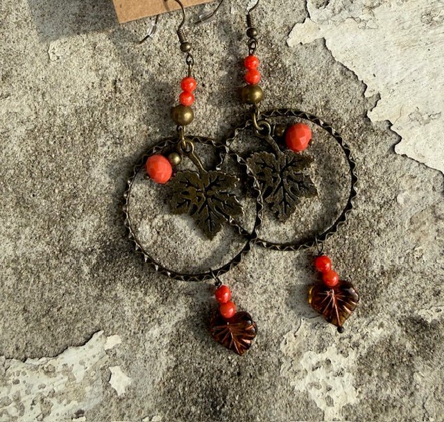 Open Circle With Leaf Accents – Dangle Drop Earrings - Juli's Wearable Art