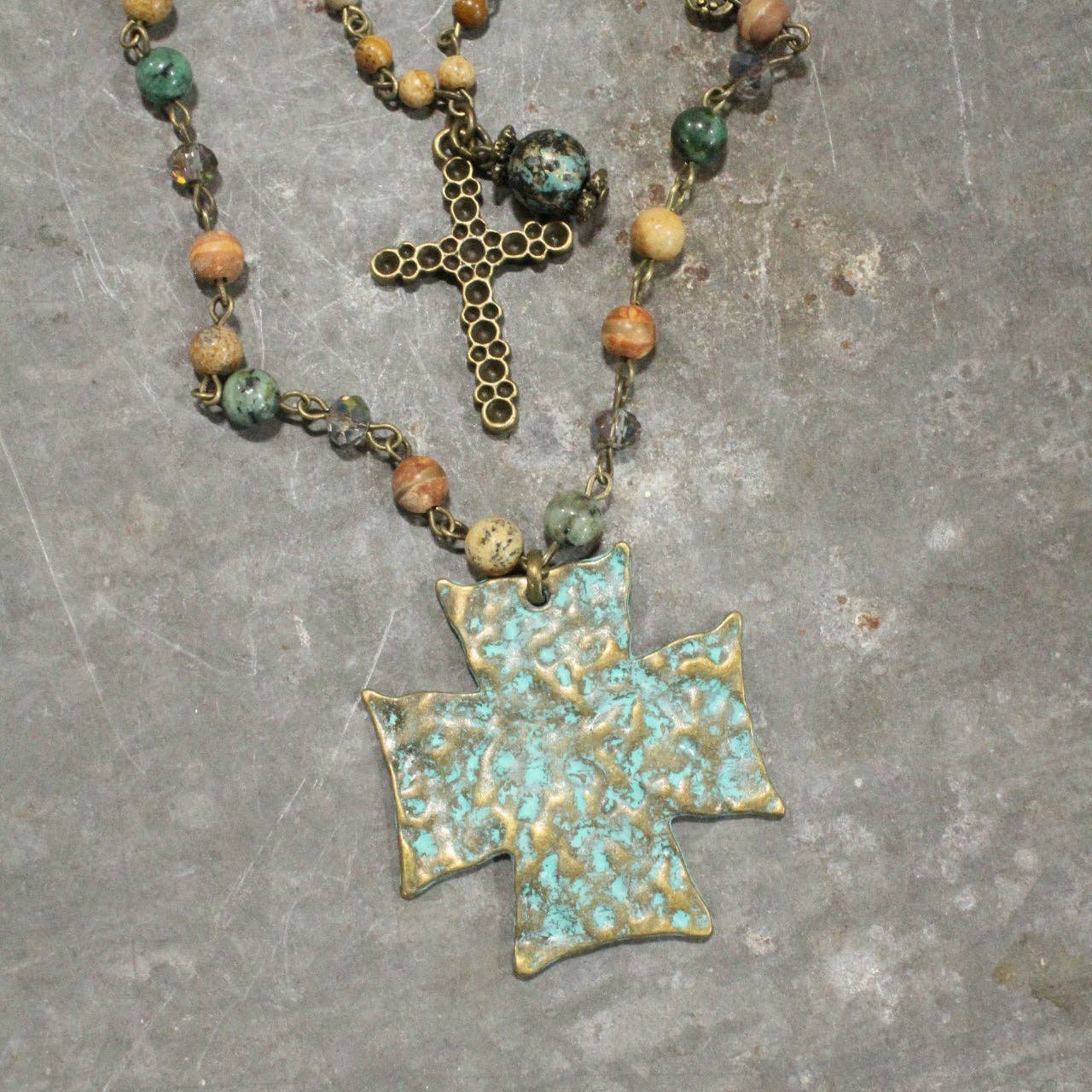 Packed With Jade & Patina Cross Layered Necklace - Juli's Wearable Art