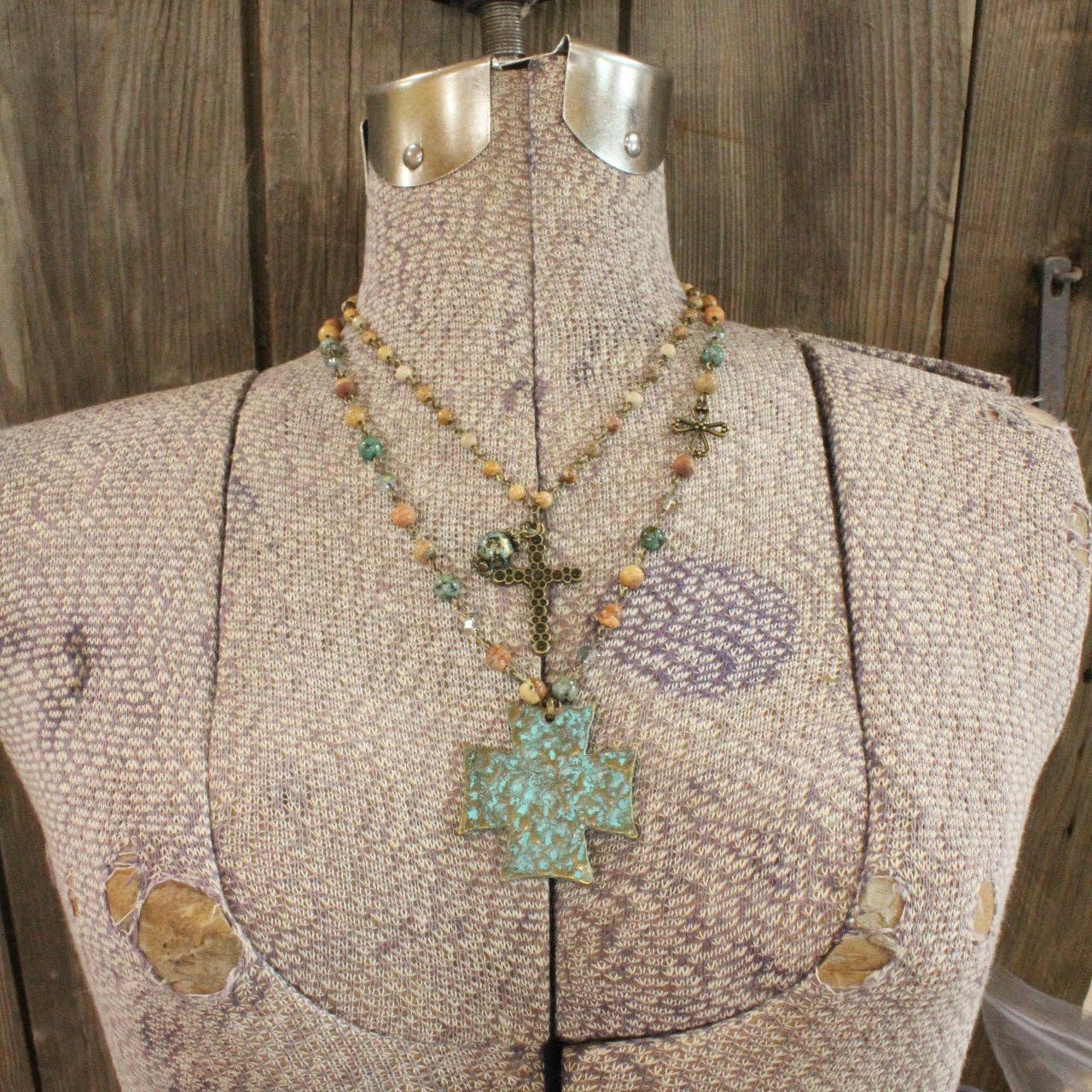 Packed With Jade & Patina Cross Layered Necklace - Juli's Wearable Art