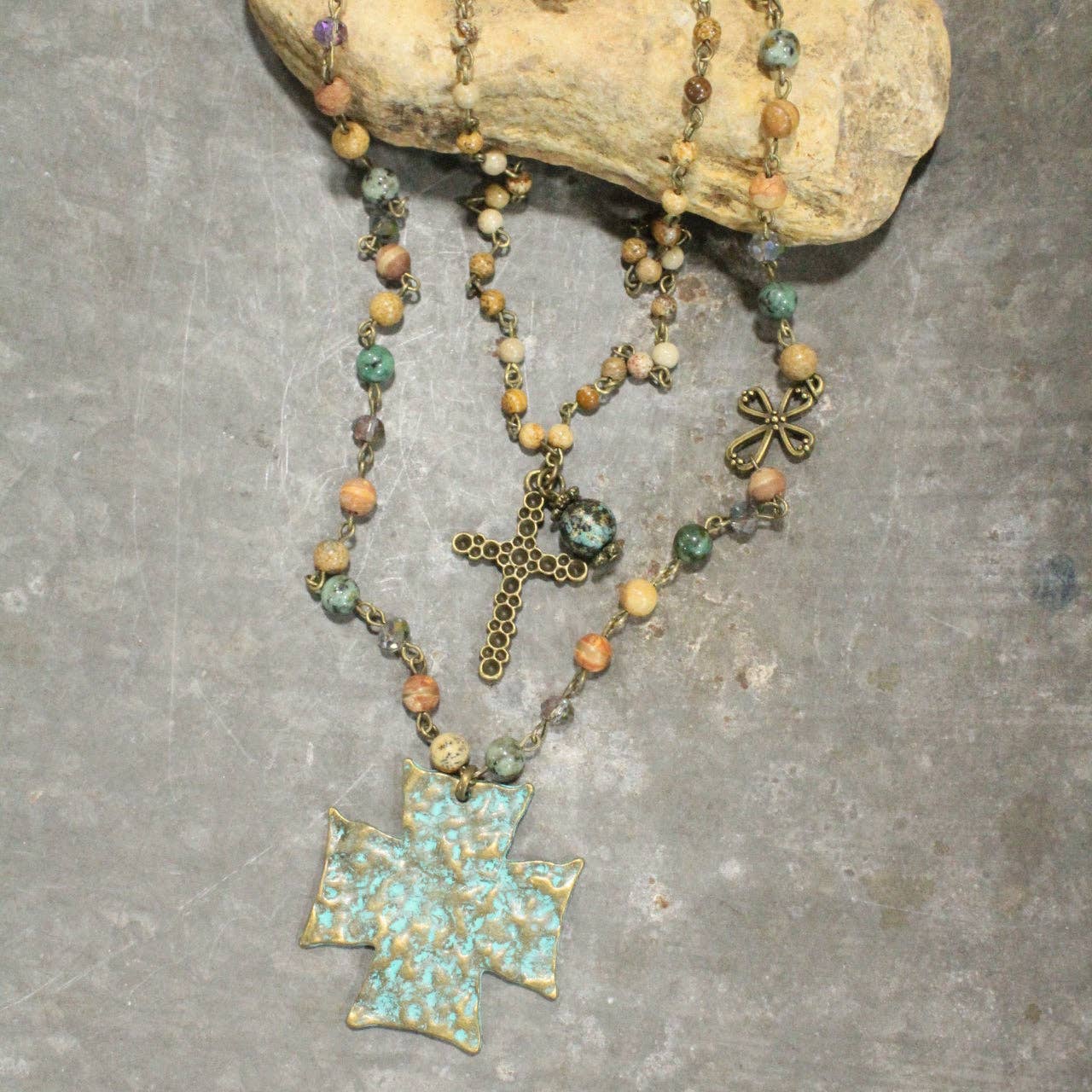 Packed With Jade & Patina Cross Layered Necklace - Juli's Wearable Art