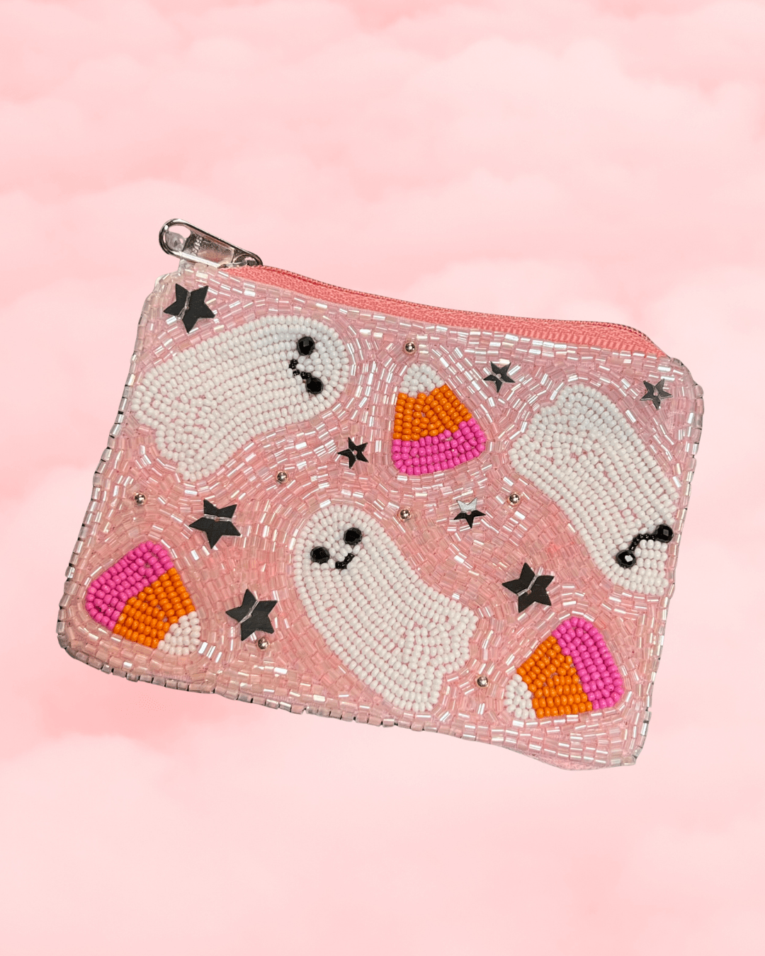 Pink Beaded Halloween Ghost & Candy Corn Coin Bag - Juli's Wearable Art