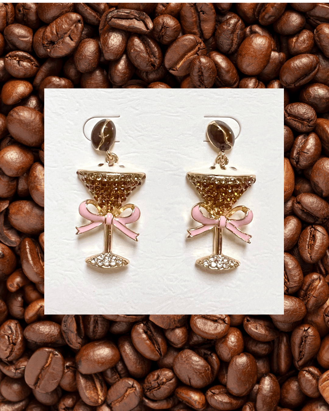 Pink Bow Sparkling Espresso Martini Glass Dangle Earrings - Juli's Wearable Art