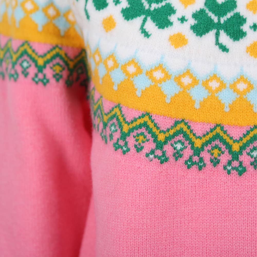 Pink & Green Retro Jacquard Clover Pullover Sweater - Juli's Wearable Art