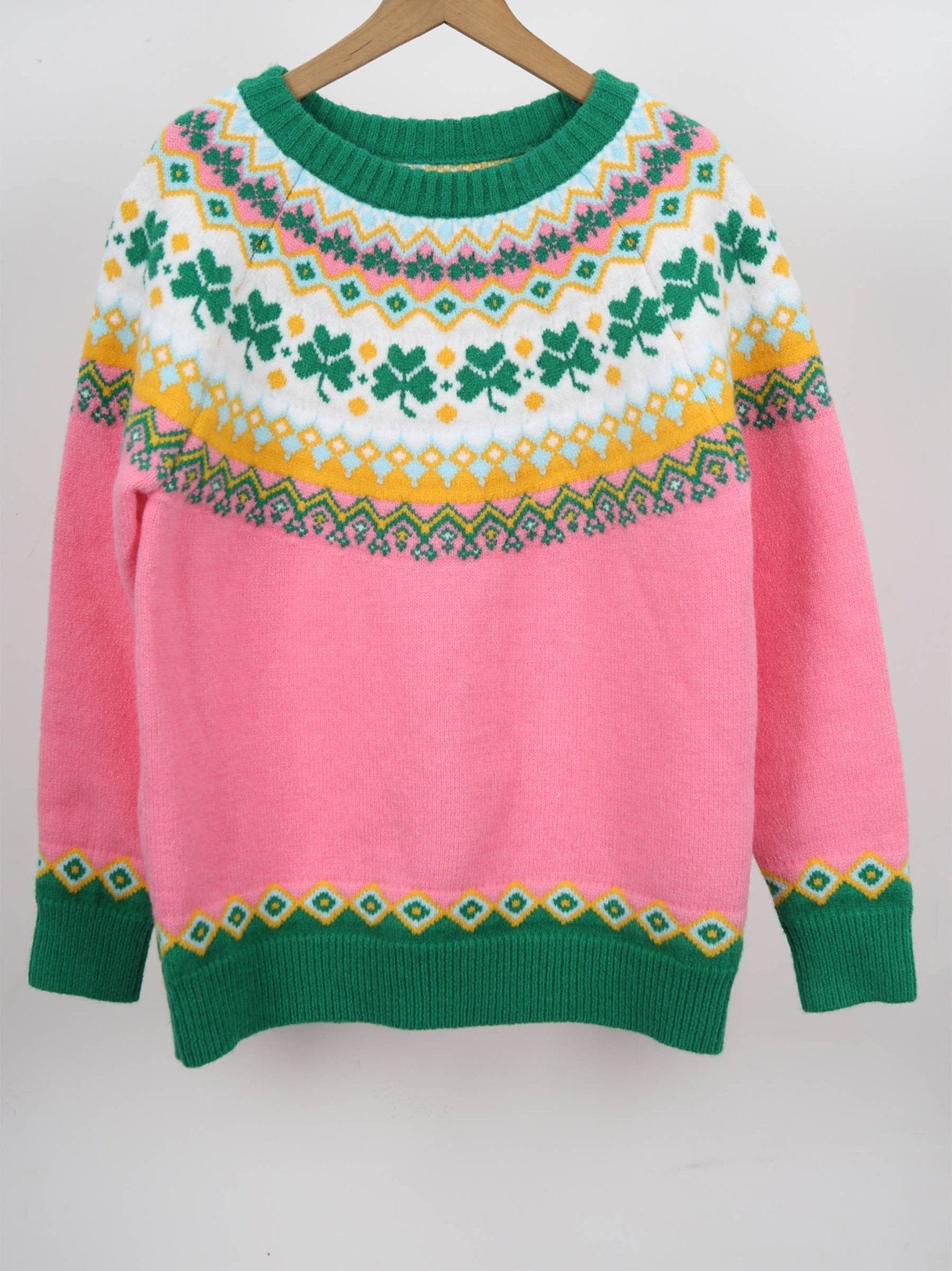 Pink & Green Retro Jacquard Clover Pullover Sweater - Juli's Wearable Art