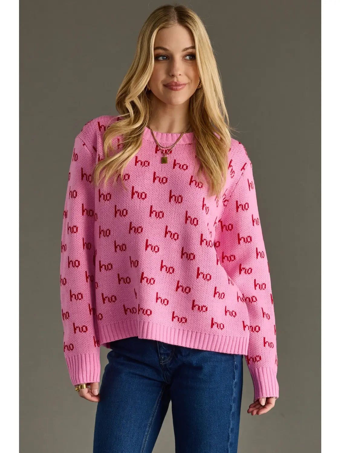 Pink Knit “Ho Ho Ho” Holiday Sweater - Juli's Wearable Art