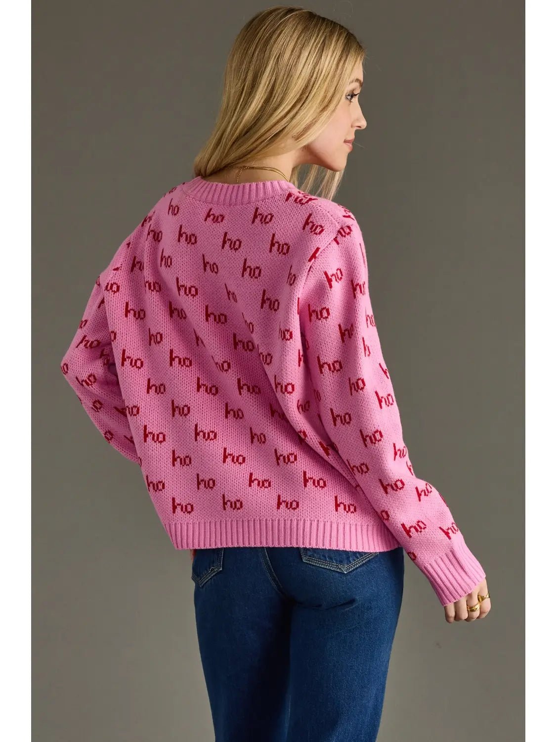 Pink Knit “Ho Ho Ho” Holiday Sweater - Juli's Wearable Art