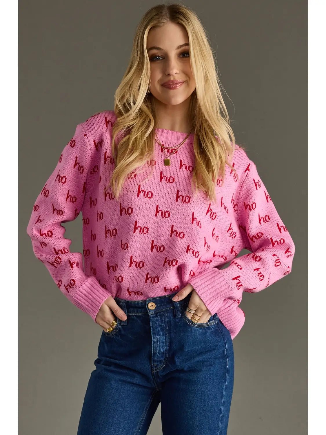 Pink Knit “Ho Ho Ho” Holiday Sweater - Juli's Wearable Art