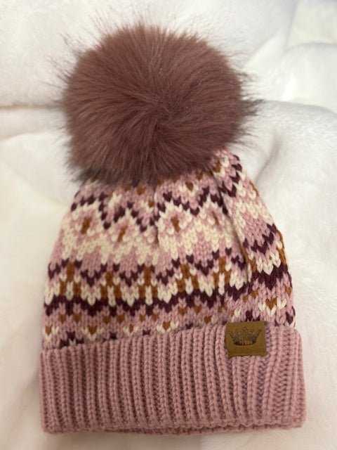Pink, White, and Rust Patterned Knit Pom Hat - Juli's Wearable Art