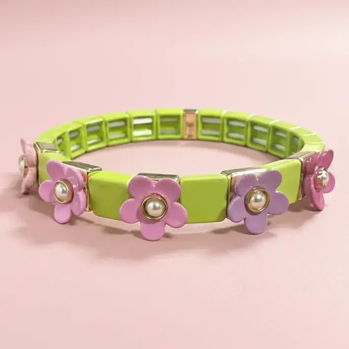 Poppy Enamel Stretch Bracelet | Green | Pink Flowers - Juli's Wearable Art
