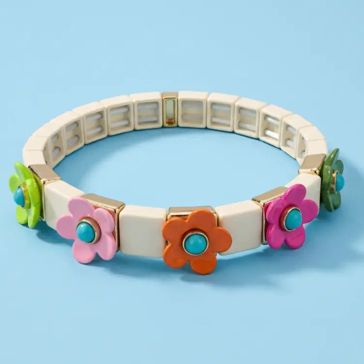 Poppy Enamel Stretch Bracelet | White | Rainbow Flowers - Juli's Wearable Art