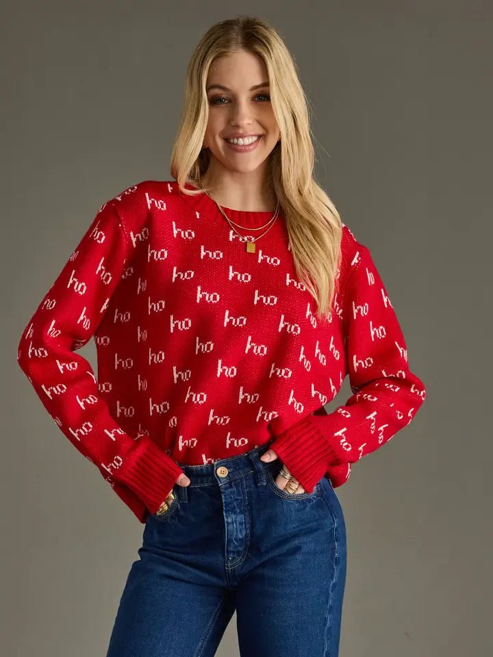 Red Knit “Ho Ho Ho” Holiday Sweater - Juli's Wearable Art