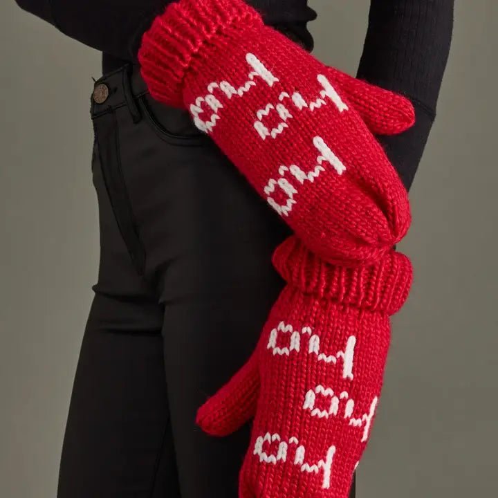 Red Knit Mittens – “Ho Ho Ho” Design - Juli's Wearable Art