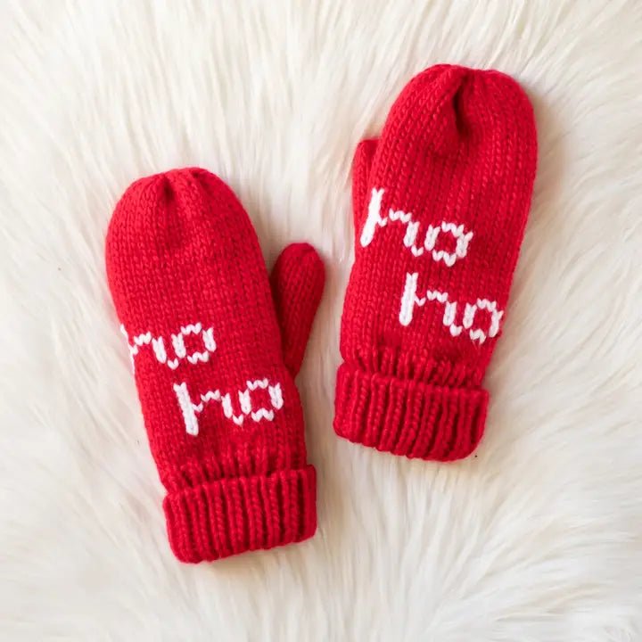 Red Knit Mittens – “Ho Ho Ho” Design - Juli's Wearable Art
