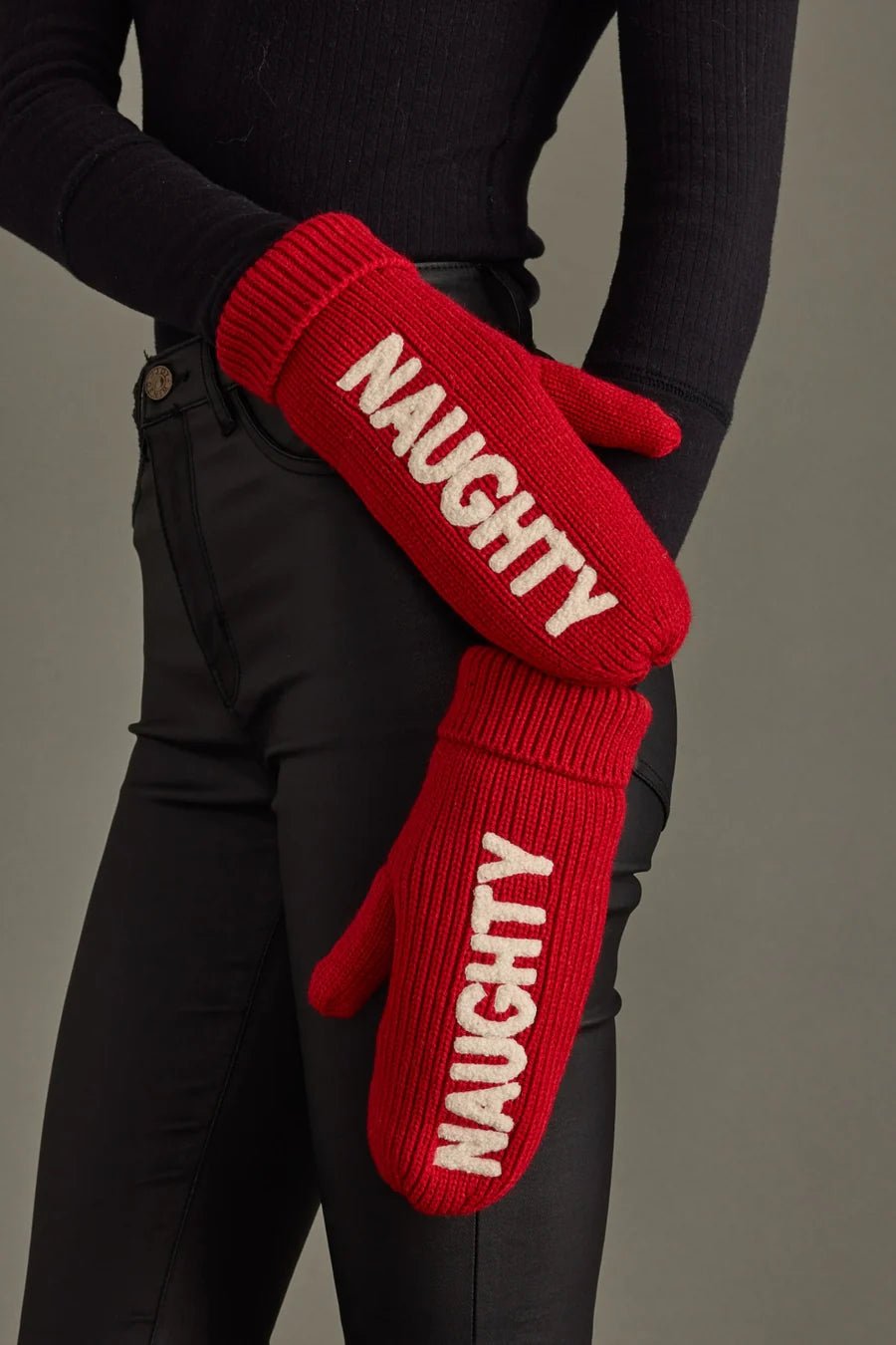 Red Knit Mittens – “NAUGHTY” Design - Juli's Wearable Art