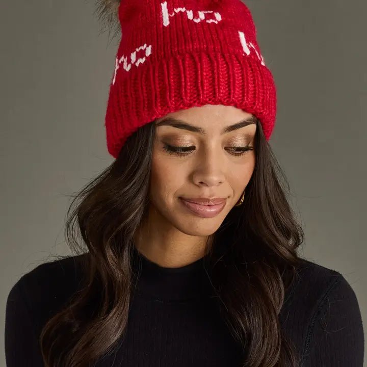 Red Knit Pom Hat – “Ho Ho Ho” Design - Juli's Wearable Art