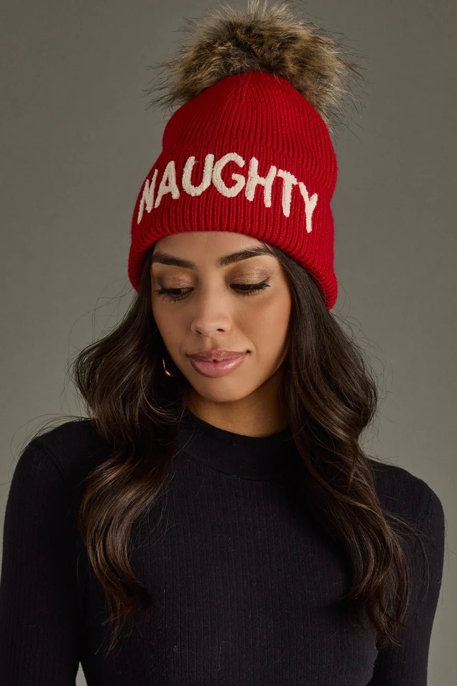 Red Knit Pom Hat – “NAUGHTY” Cuff Design - Juli's Wearable Art