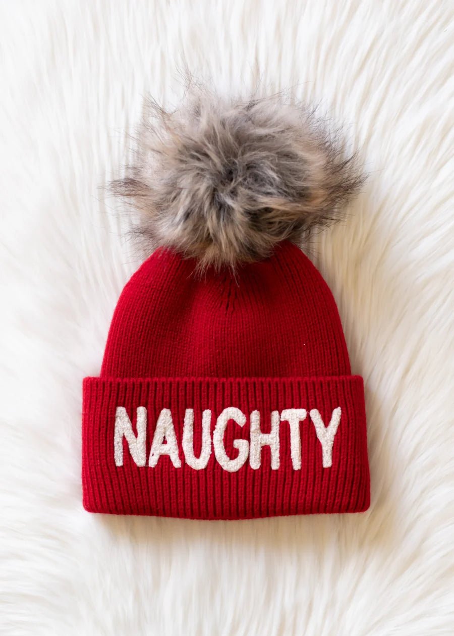 Red Knit Pom Hat – “NAUGHTY” Cuff Design - Juli's Wearable Art