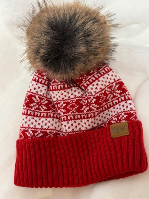 Red & White Knit Winter Pattern Pom Hat - Juli's Wearable Art