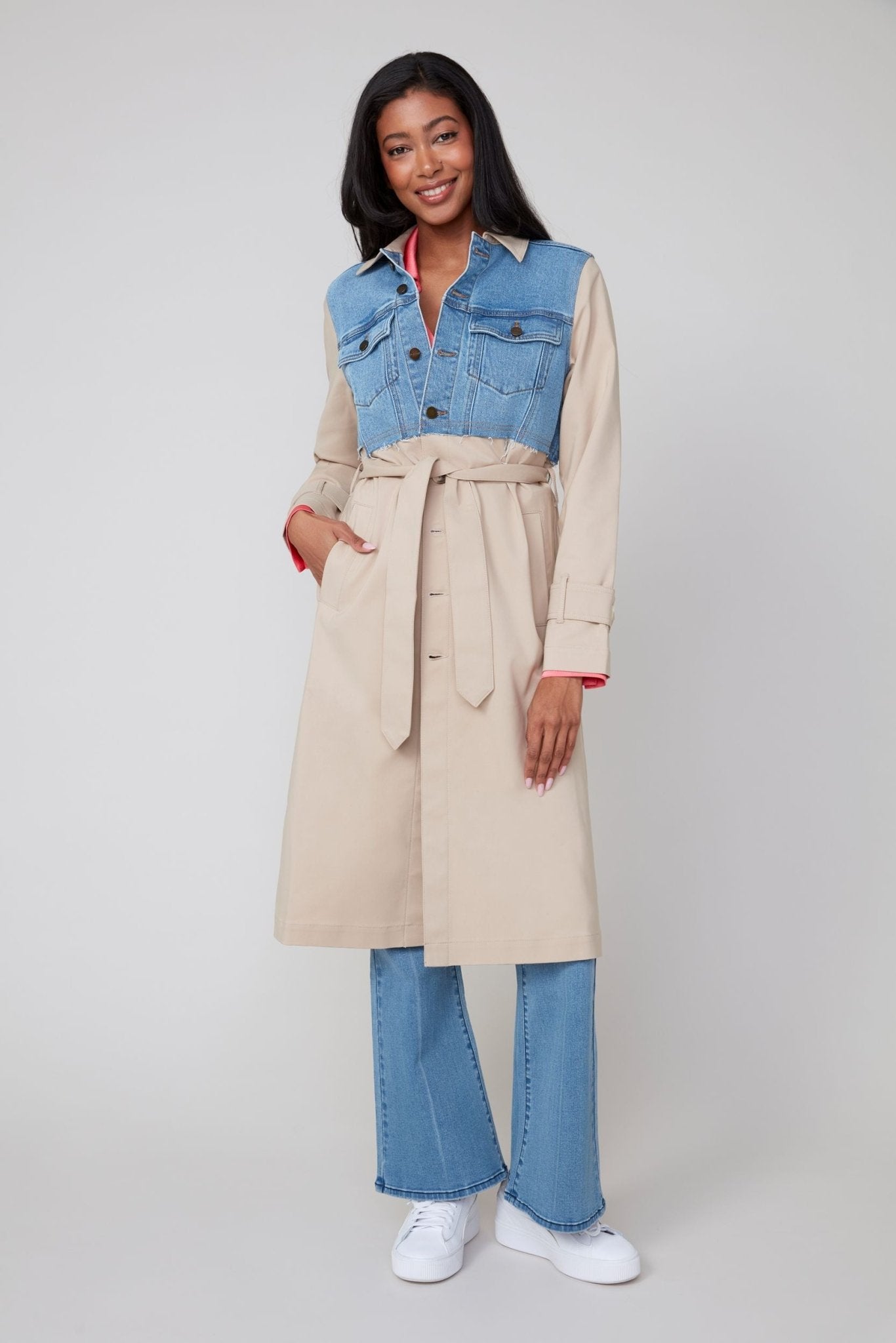 Renuar Cotton Blend Woven Trench Coat with Denim Combo - Juli's Wearable Art