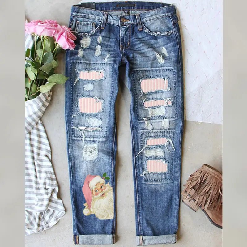 Retro Santa Patch Jeans – Vintage Christmas Denim with Distressed Details - Juli's Wearable Art