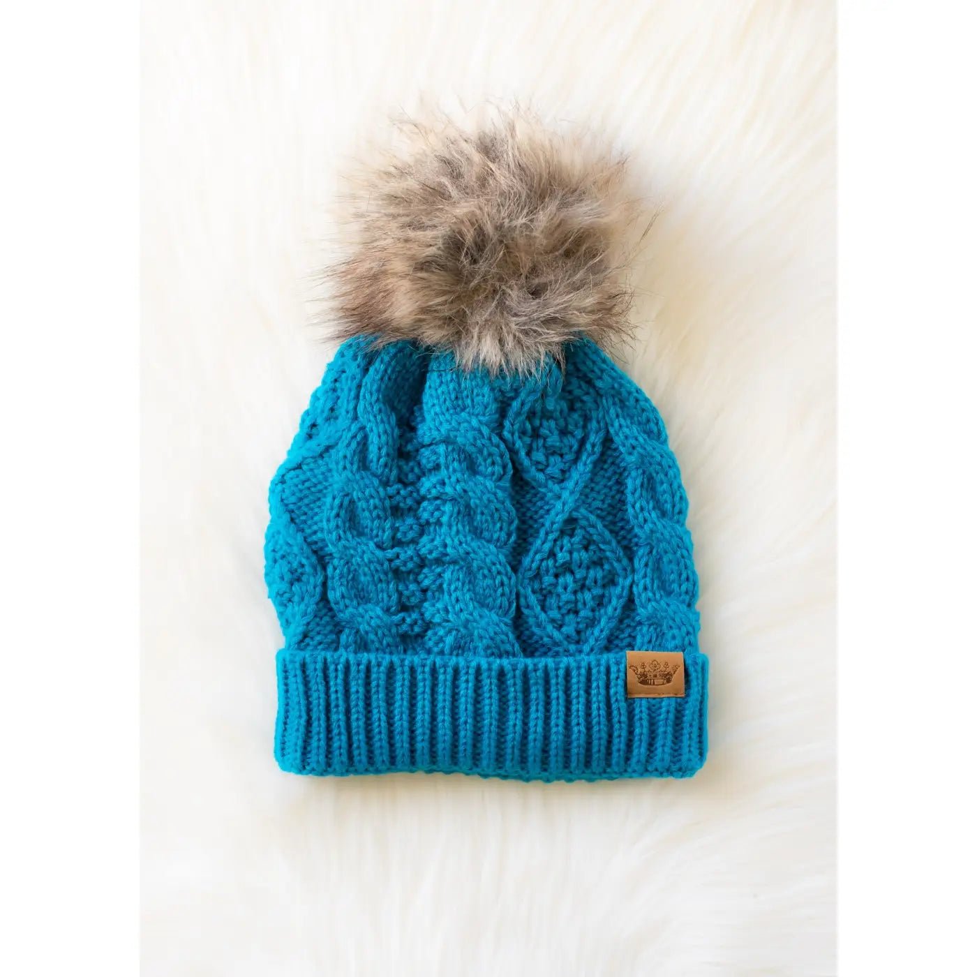 Sapphire Blue Cable Knit Hat with Faux Fur Pom - Juli's Wearable Art