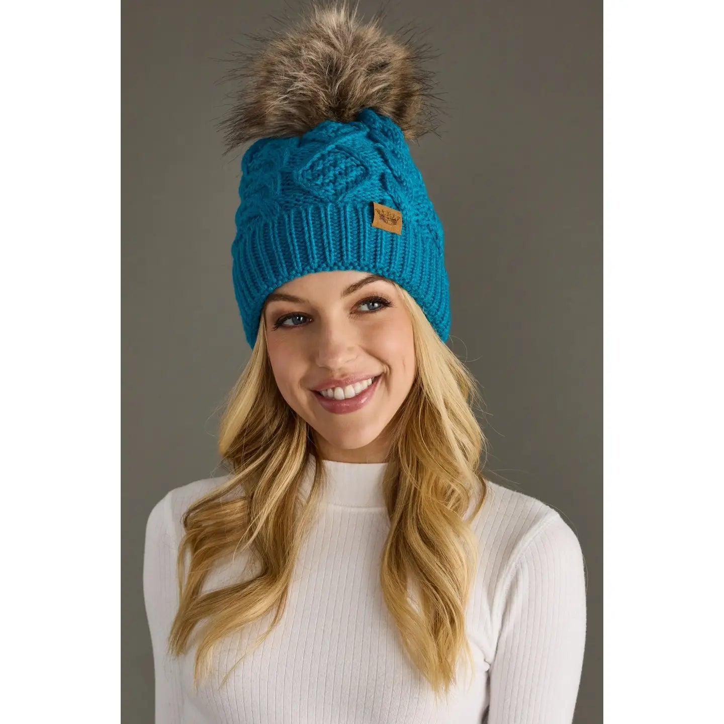 Sapphire Blue Cable Knit Hat with Faux Fur Pom - Juli's Wearable Art