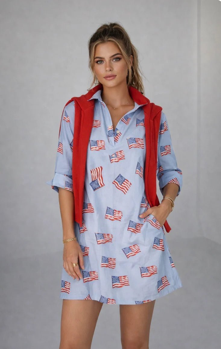 Sconset 3/4 Sleeve American Flag Dress | Blue - Juli's Wearable Art