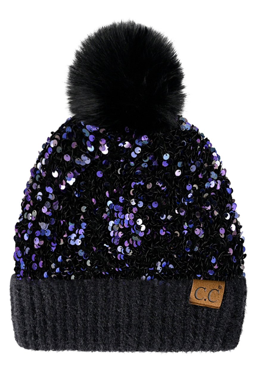 Sequin Fur Pom Beanie – Black - Juli's Wearable Art