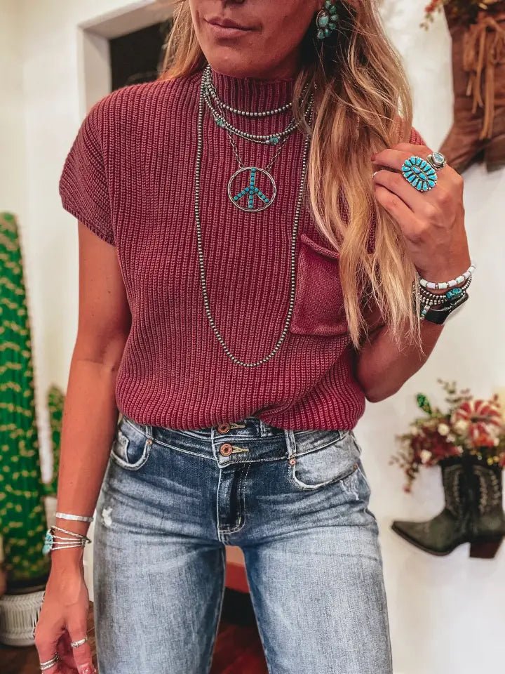 Short - Sleeved Turtleneck Loose Shoulder Sweater with Front Pocket – Dark Red - Juli's Wearable Art