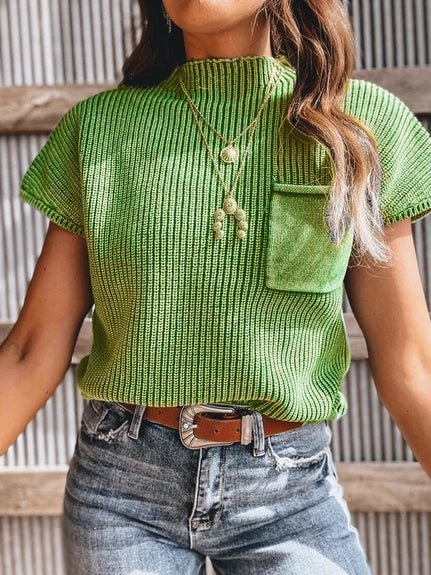 Short - Sleeved Turtleneck Loose Shoulder Sweater with Front Pocket – Green - Juli's Wearable Art