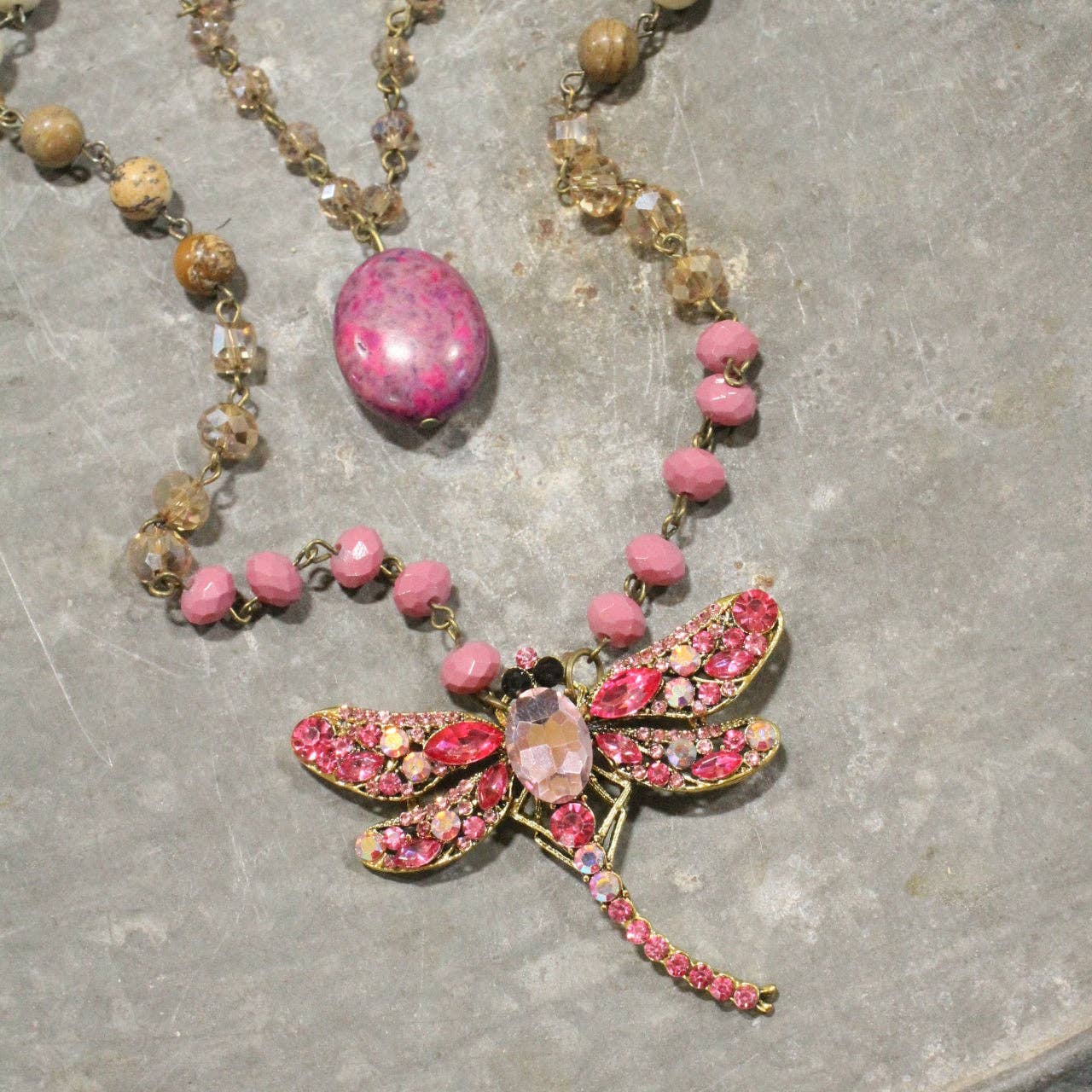 Silent Whispers Dragonfly Bling Shades Of Pink Layered Necklace - Juli's Wearable Art