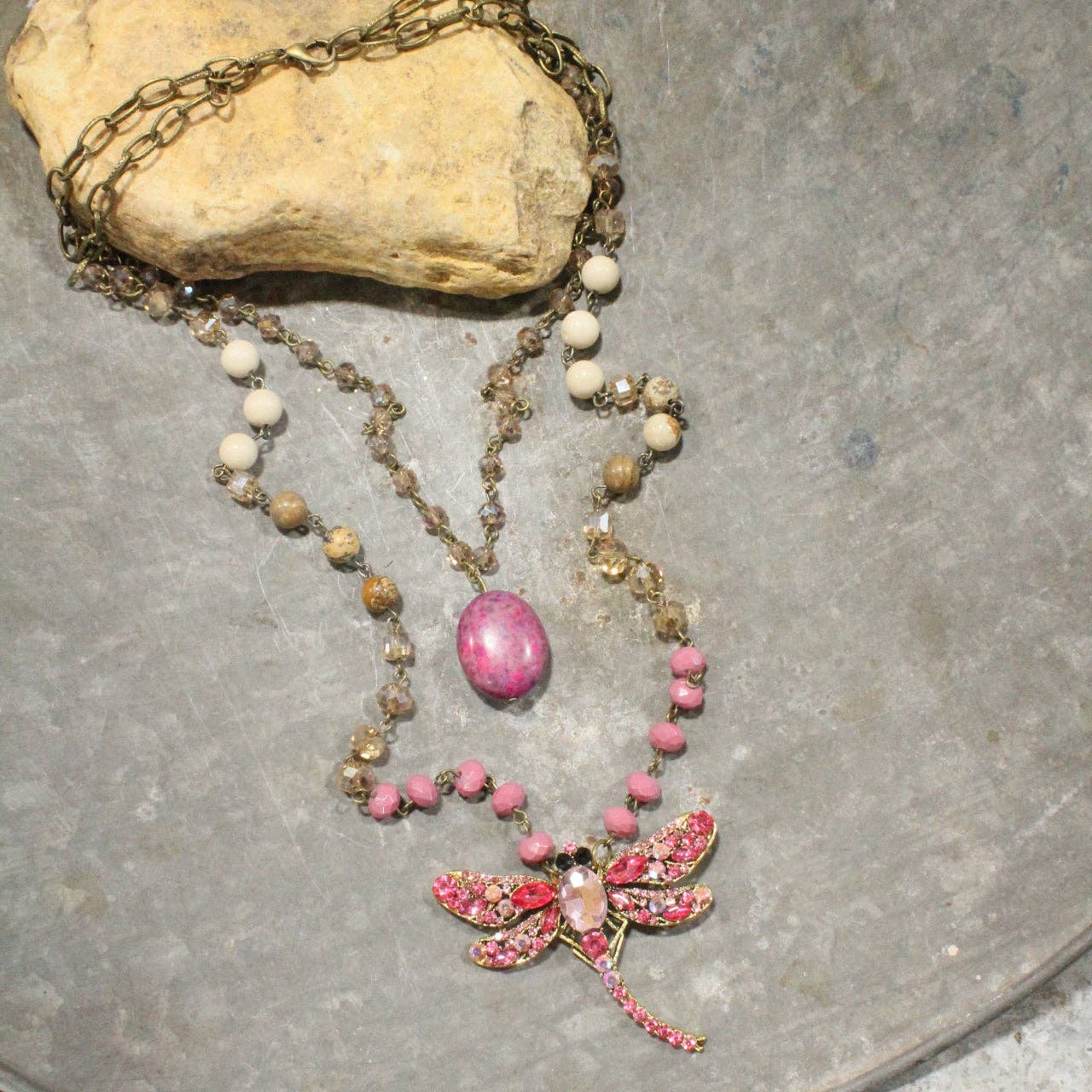 Silent Whispers Dragonfly Bling Shades Of Pink Layered Necklace - Juli's Wearable Art